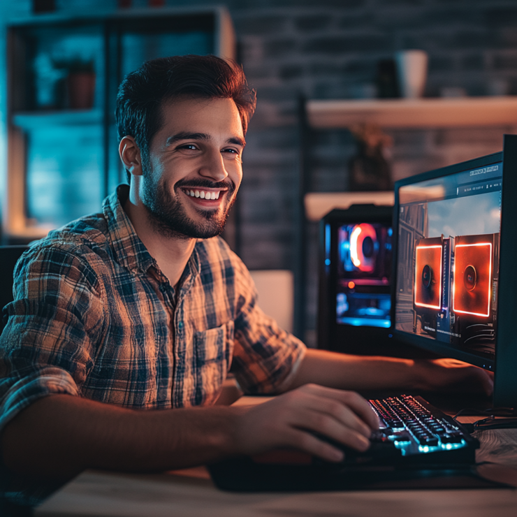 u9359815253_a_happy_customer_viewing_a_website_selling_a_vide_fd3646cf-1fd9-4a03-8b68-e498b110485b_3