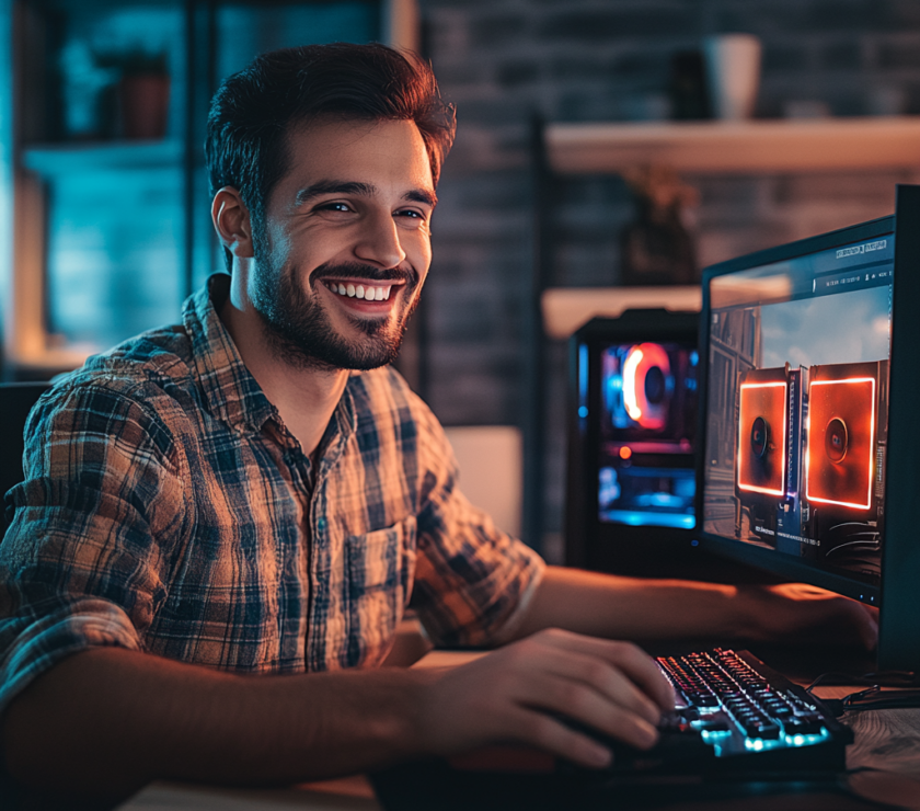 u9359815253_a_happy_customer_viewing_a_website_selling_a_vide_fd3646cf-1fd9-4a03-8b68-e498b110485b_3